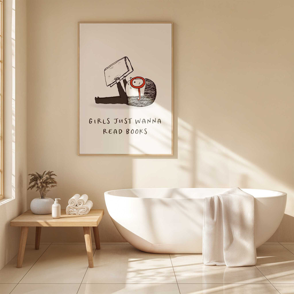 Bathroom interior with a bathtub, plant, and framed artwork on the wall, with text Girls Just Wanna Read Books