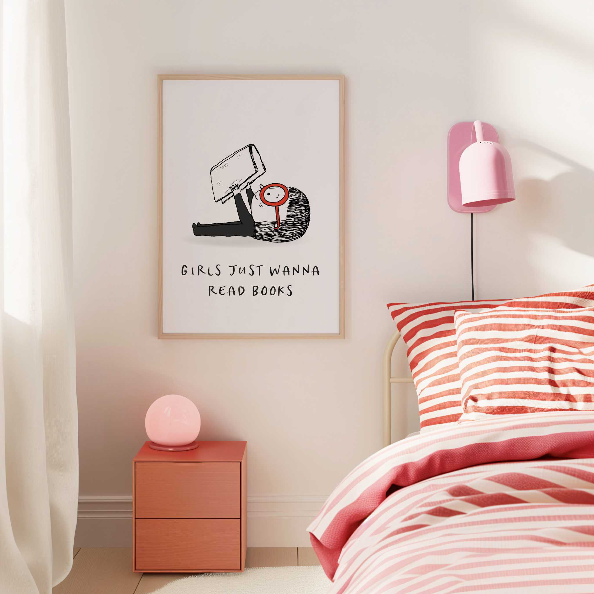 Modern bedroom with pink bedside table, lamp, and bed with striped bedding. Wall art that says Girls Just Wanna Read Books.
