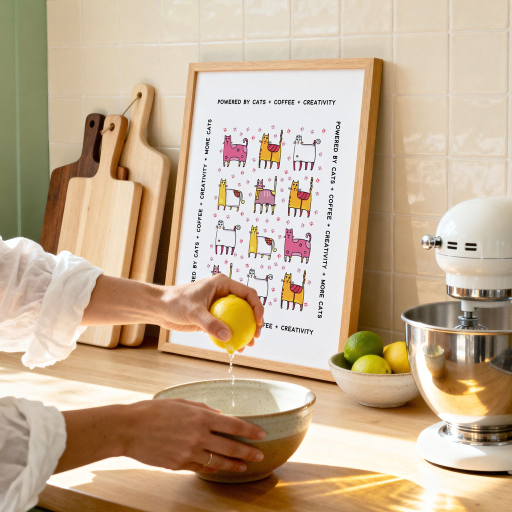 Person squeezing a lemon over a bowl on a kitchen counter with a framed print and mixer in the background.