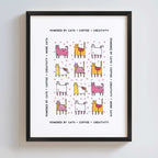 Framed poster with colorful cat illustrations and text on a white background