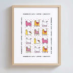 Framed print with colorful cat illustrations and text on a white background