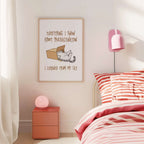 Bedroom with pink nightstand, lamp, and framed poster above bed with text about procrastination