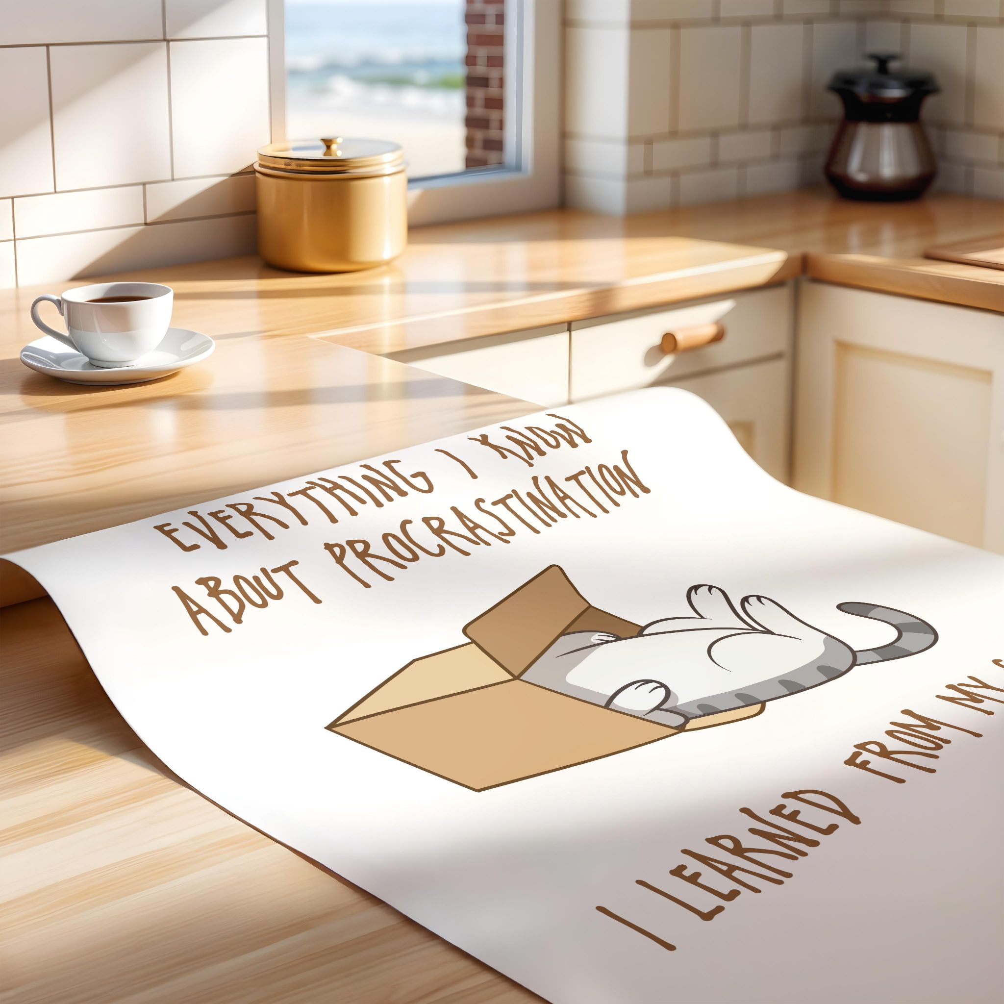 Poster with a cartoon cat illustration and text on a kitchen counter.