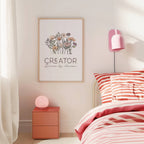 Bedroom with pink and white striped bedding, a nightstand, and a wall art print. Text says 'Creator Driven by dreams.'