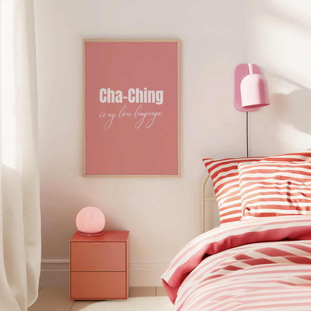 Bedroom with pink decor, including a bed with striped bedding, a nightstand, and a wall poster.