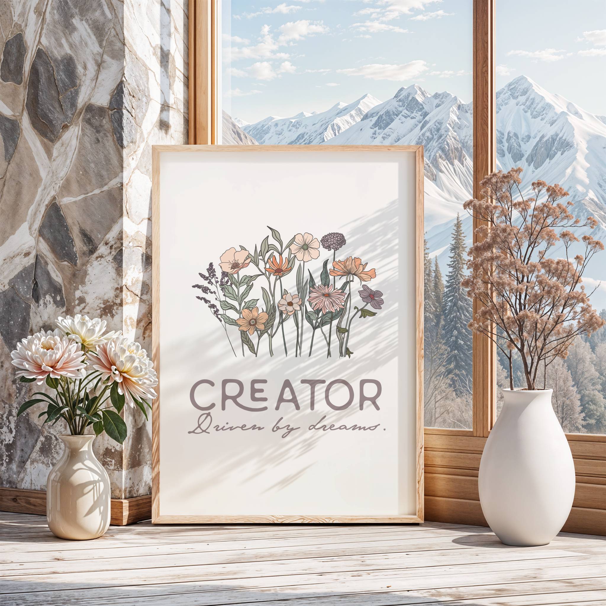 Framed artwork with floral design and text 'CREATOR Driven by dreams' on a windowsill with decorative vases.