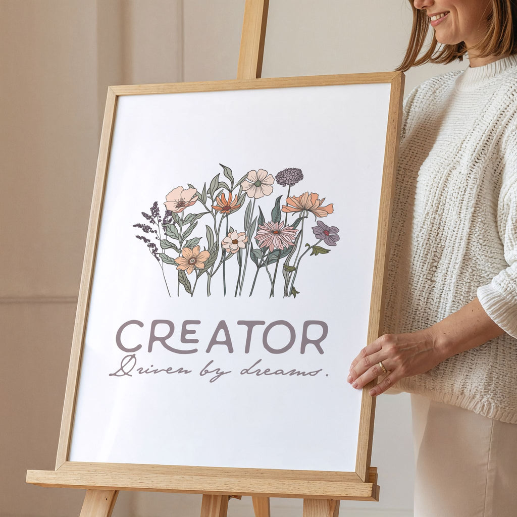 Young woman holding a framed artwork with floral design and text on an easel.