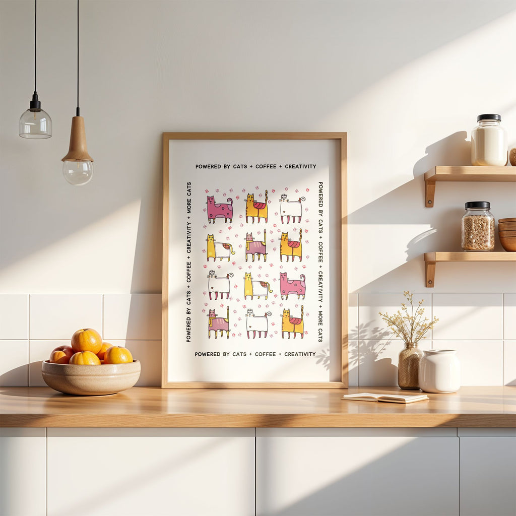 Framed artwork with cartoon cats on a kitchen counter. Text says 'Powered by Cats + Coffee + Creativity'