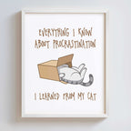 Framed print with a cat illustration and humorous text on a white background